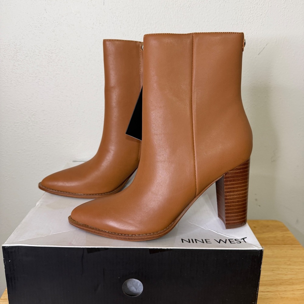 Nine West Tryme Dark Natural Tan Leather Pointed Toe Block Heel Ankle Boots 8M